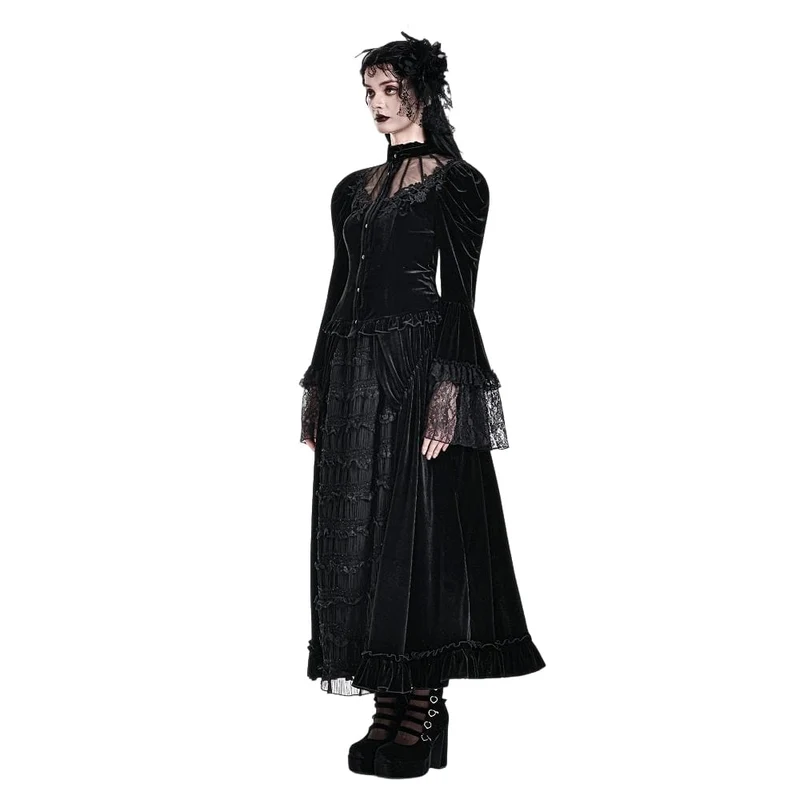 Gothic-Bluse aus Samt für Damen mit floralen Applikationen, gerafften Glockenärmeln und Rüschen.