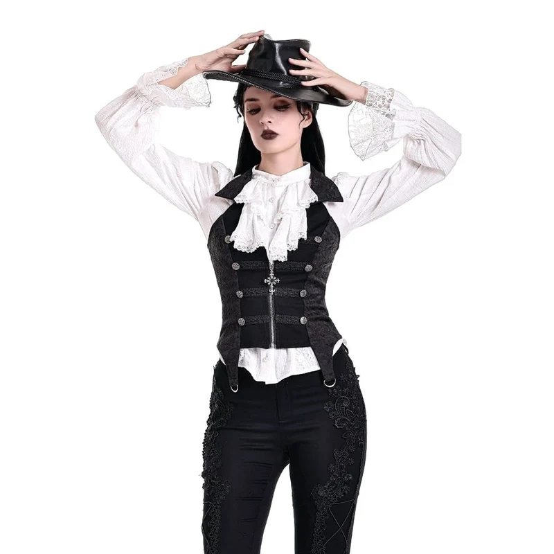 Gothic-Bluse für Damen mit Rüschen, Stehkragen und Puffärmeln