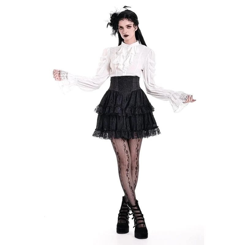 Gothic-Bluse für Damen mit Rüschen, Stehkragen und Puffärmeln