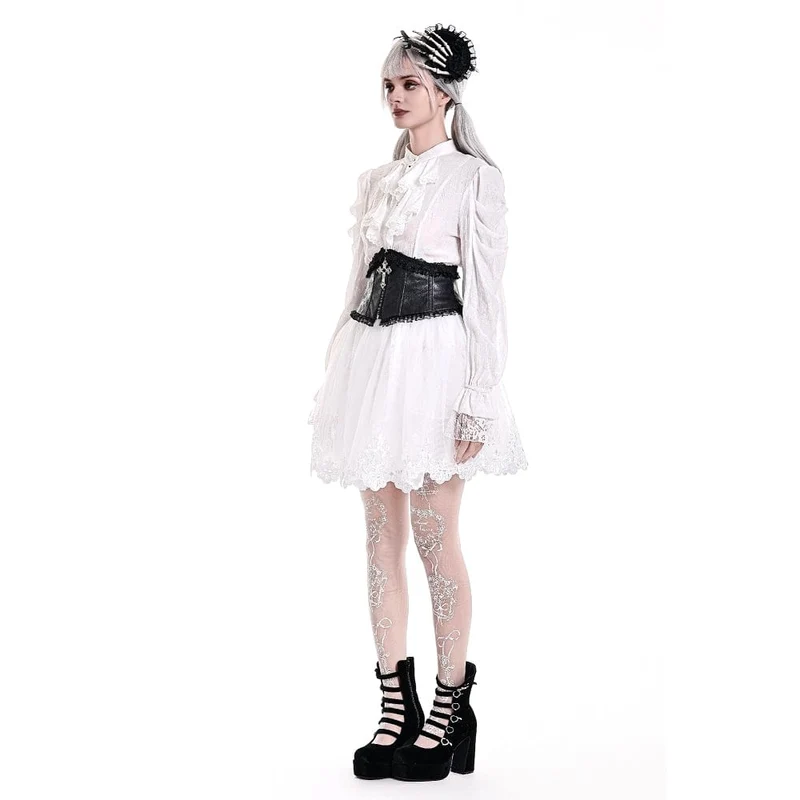 Gothic-Bluse für Damen mit Rüschen, Stehkragen und Puffärmeln
