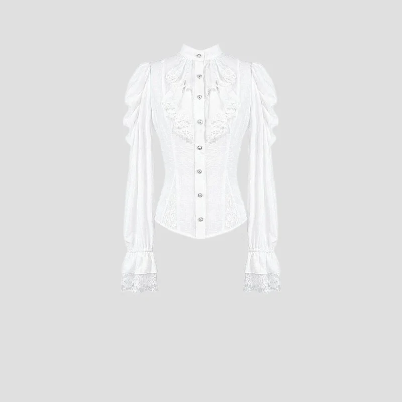 Gothic-Bluse für Damen mit Rüschen, Stehkragen und Puffärmeln