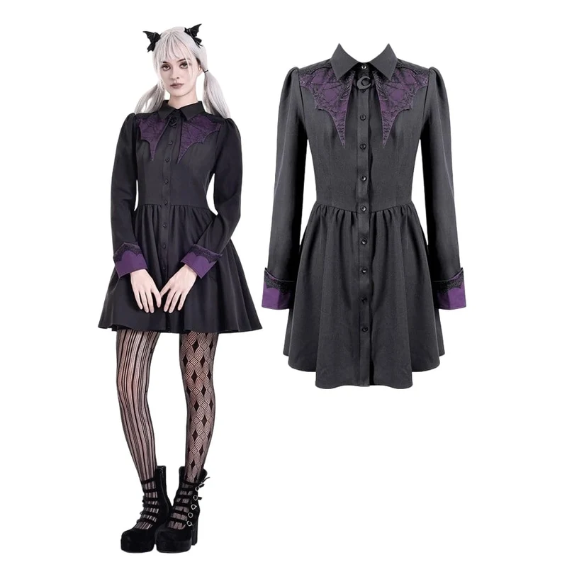 Gothic-Kleid für Damen mit Fledermausflügel-Patchwork, zweifarbig, langärmelig, kurzes Abschlusskleid