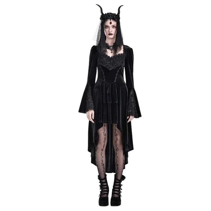 Gothic-Kleid aus Samt für Damen mit Rosenmuster, Spitzeneinsatz, Rüschen, asymmetrischem Saum und ausgestellten Ärmeln – ideal für Abschlussfeiern