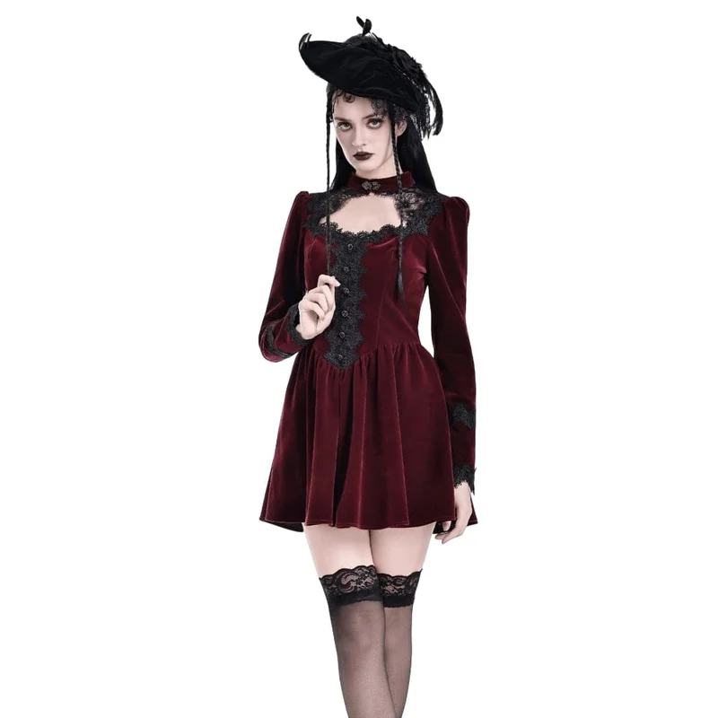 Gothic-Kurzkleid aus Samt mit Spitzenapplikationen und Cut-outs für Damen, ideal als Abschlusskleid
