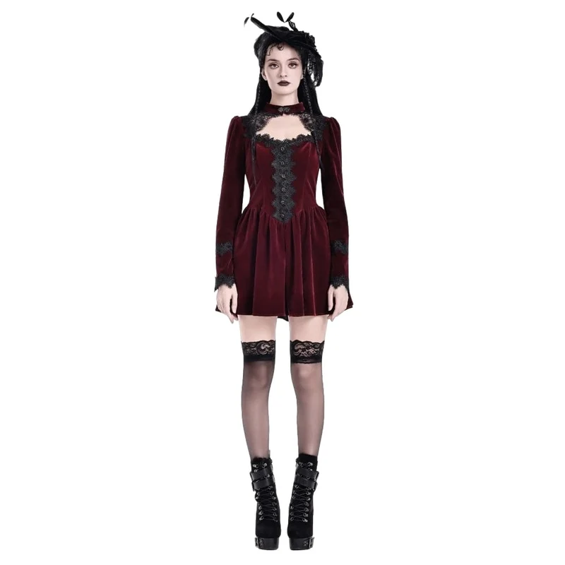 Gothic-Kurzkleid aus Samt mit Spitzenapplikationen und Cut-outs für Damen, ideal als Abschlusskleid