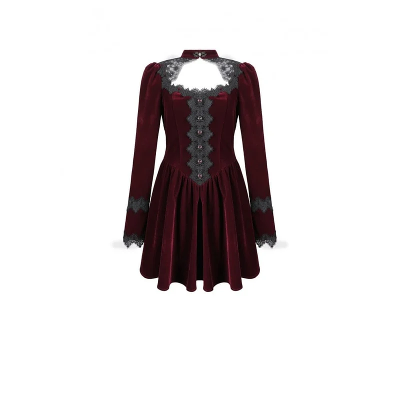Gothic-Kurzkleid aus Samt mit Spitzenapplikationen und Cut-outs für Damen, ideal als Abschlusskleid