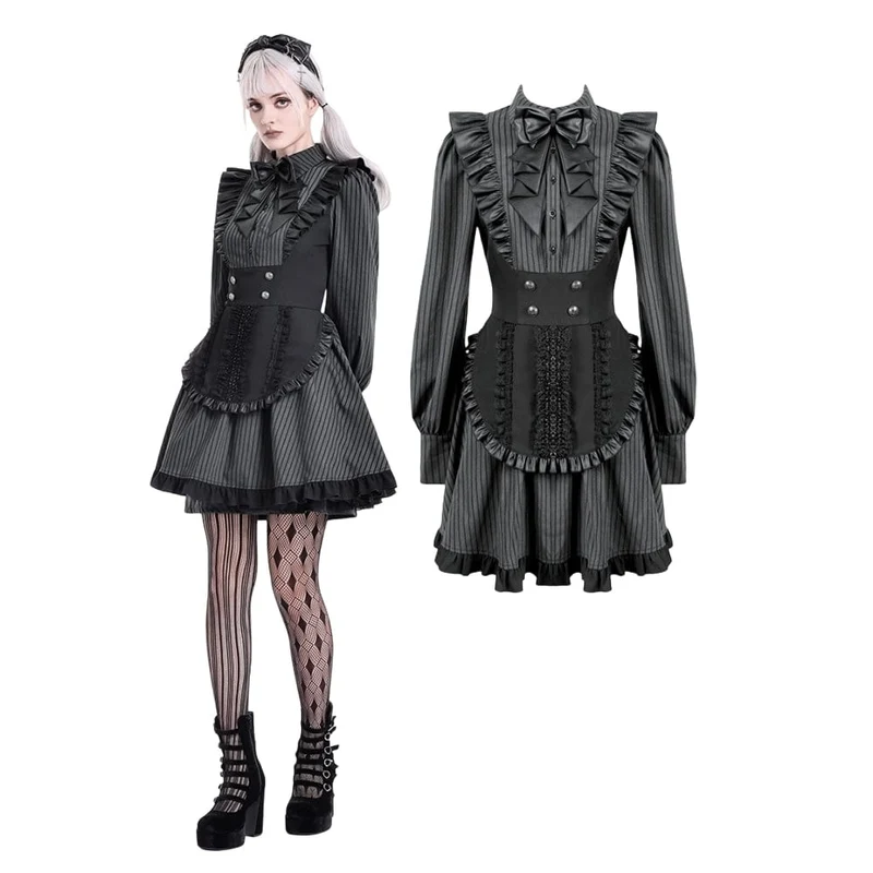 Gothic-Rüschenkleid mit Nadelstreifen, angedeutetem zweiteiligem Muster und langen Ärmeln für Damen im Dienstmädchenstil