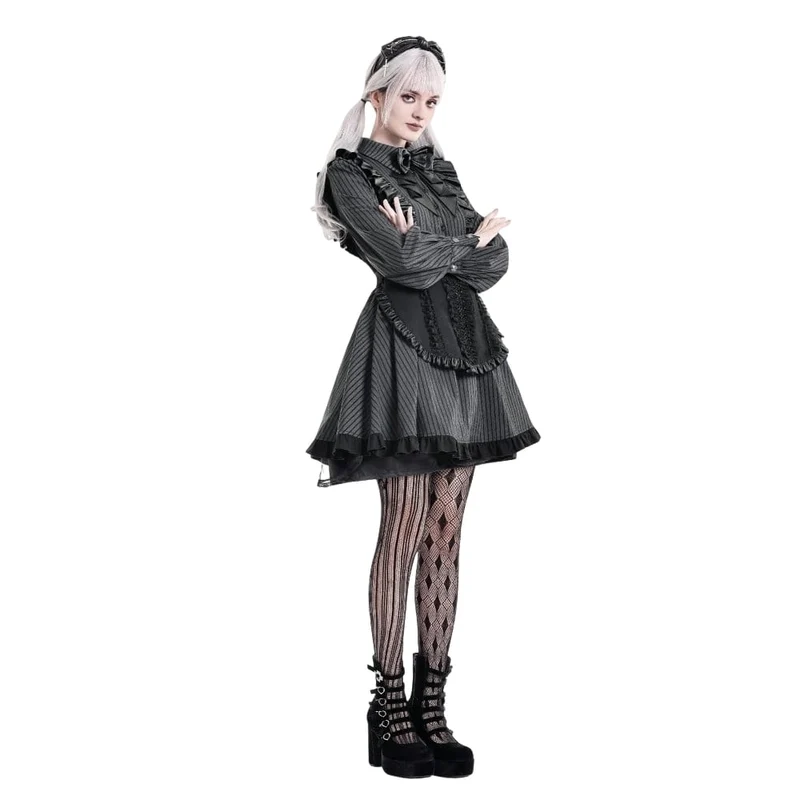 Gothic-Rüschenkleid mit Nadelstreifen, angedeutetem zweiteiligem Muster und langen Ärmeln für Damen im Dienstmädchenstil