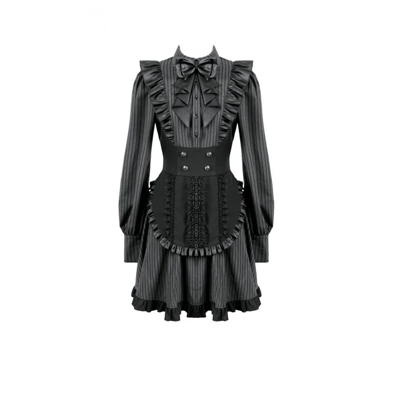 Gothic-Rüschenkleid mit Nadelstreifen, angedeutetem zweiteiligem Muster und langen Ärmeln für Damen im Dienstmädchenstil