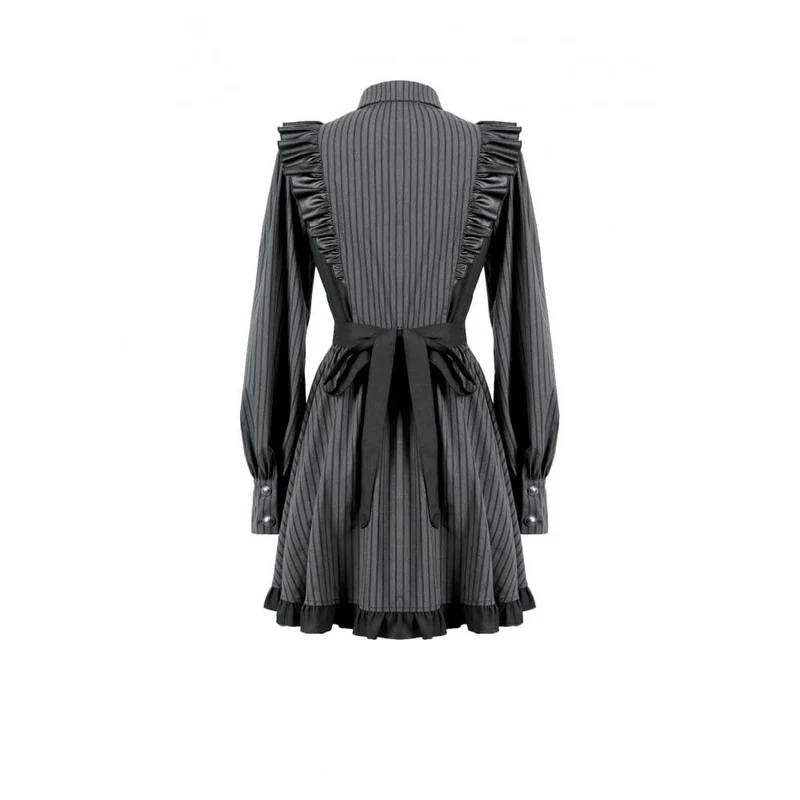 Gothic-Rüschenkleid mit Nadelstreifen, angedeutetem zweiteiligem Muster und langen Ärmeln für Damen im Dienstmädchenstil
