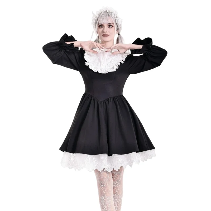 Gothic-Kurzkleid für Damen mit Rüschen, Umlegekragen und kontrastfarbenen Bischofsärmeln