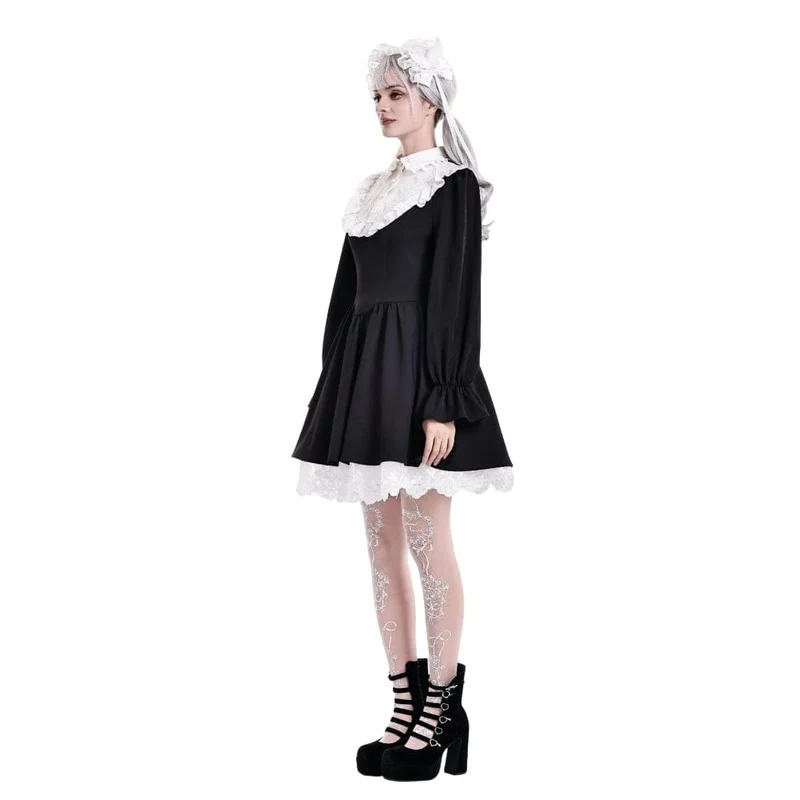Gothic-Kurzkleid für Damen mit Rüschen, Umlegekragen und kontrastfarbenen Bischofsärmeln