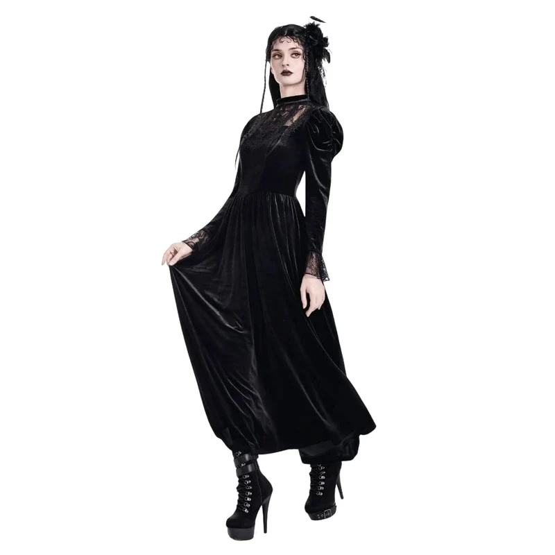 Gothic-Maxikleid aus Samt mit floraler Spitze, Puffärmeln und Brautkleid