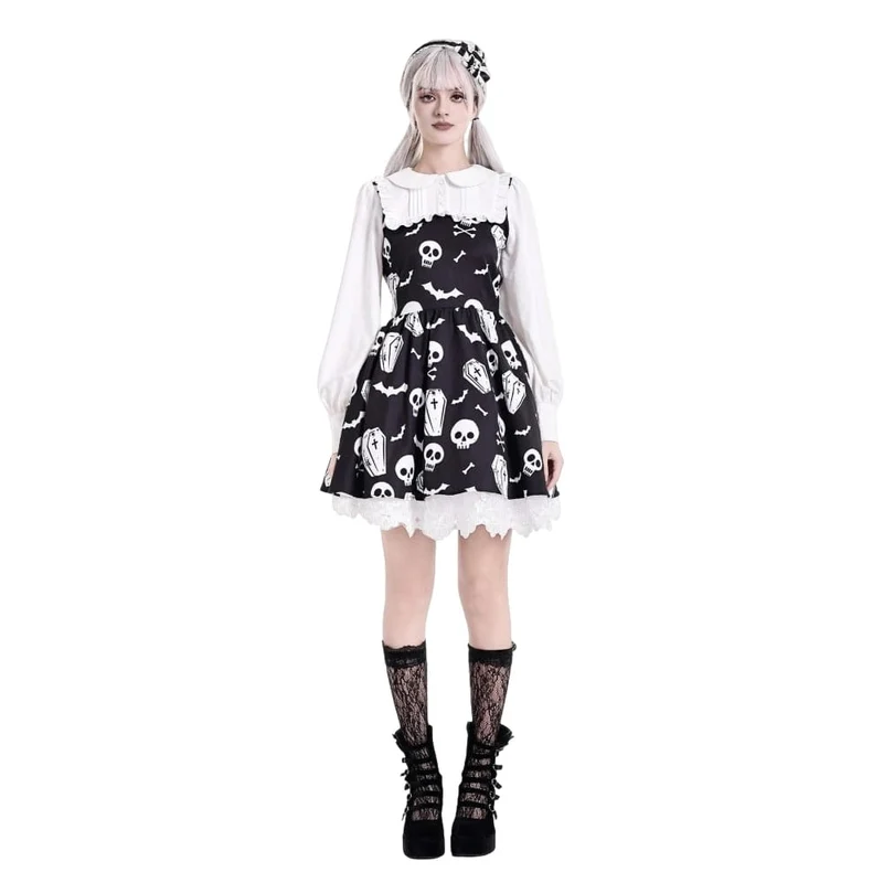 Gothic-Kleid für Damen mit Fledermaus-, Sarg- und Totenkopf-Print, Peter-Pan-Kragen, Bischofsärmeln und kurzem Schnitt