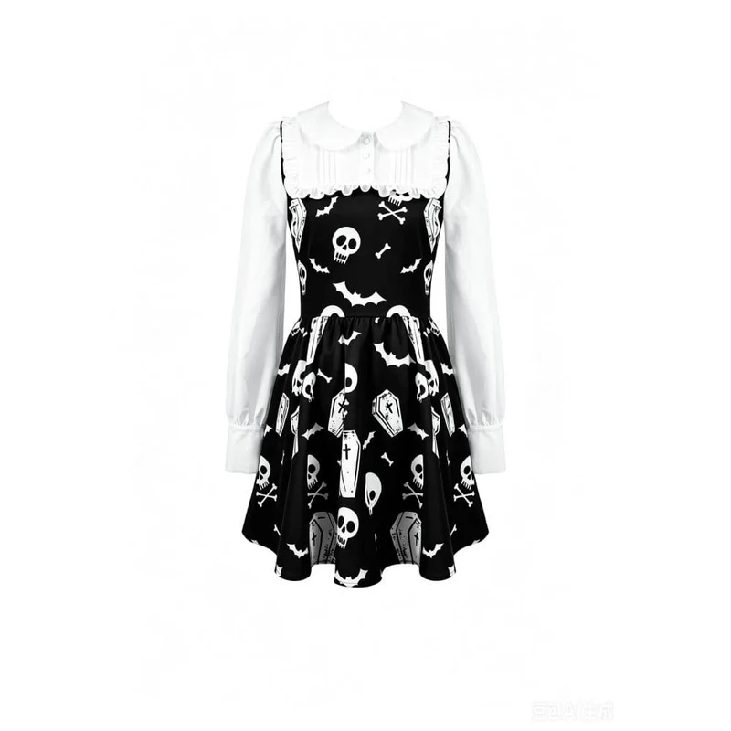 Gothic-Kleid für Damen mit Fledermaus-, Sarg- und Totenkopf-Print, Peter-Pan-Kragen, Bischofsärmeln und kurzem Schnitt