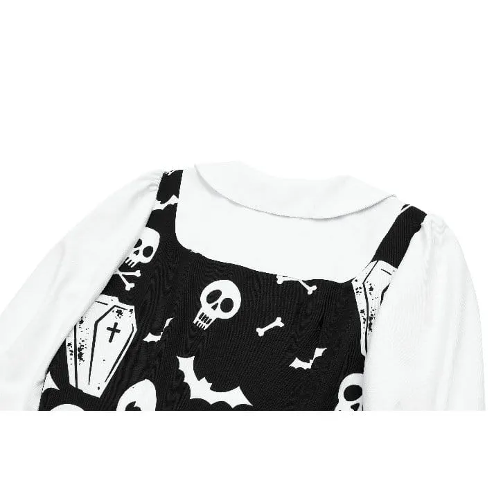 Gothic-Kleid für Damen mit Fledermaus-, Sarg- und Totenkopf-Print, Peter-Pan-Kragen, Bischofsärmeln und kurzem Schnitt