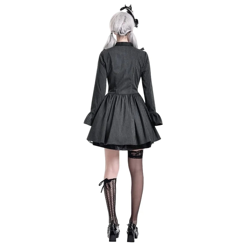 Gothic-Kleid für Damen mit Rüschen, Stehkragen, Nadelstreifen, langen Ärmeln und ausgestelltem Rock, Abschlusskleid