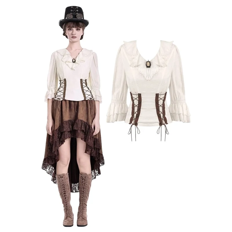 Steampunk-Bluse für Damen mit Schnürung, Rüschen, V-Ausschnitt und 3/4-Ärmeln