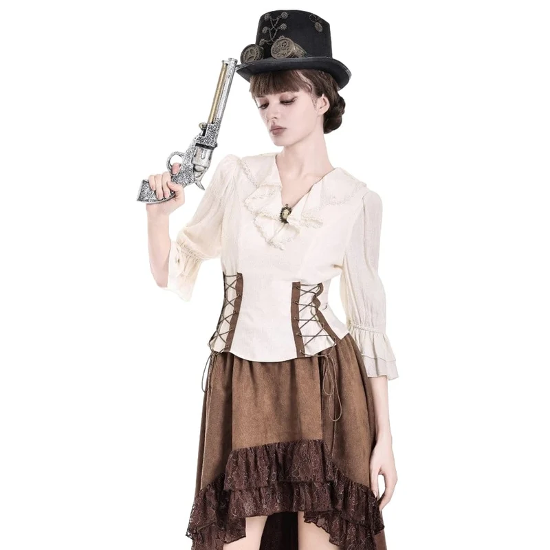 Steampunk-Bluse für Damen mit Schnürung, Rüschen, V-Ausschnitt und 3/4-Ärmeln