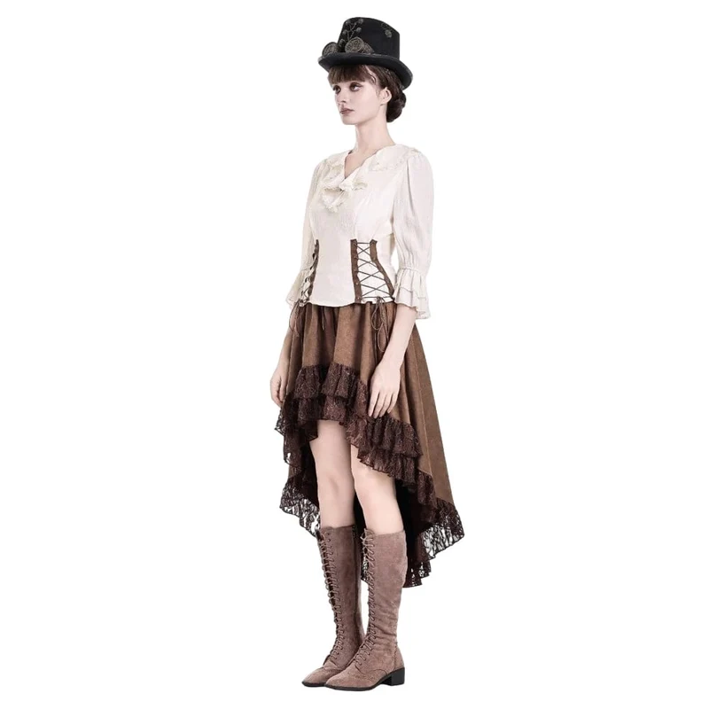 Steampunk-Bluse für Damen mit Schnürung, Rüschen, V-Ausschnitt und 3/4-Ärmeln