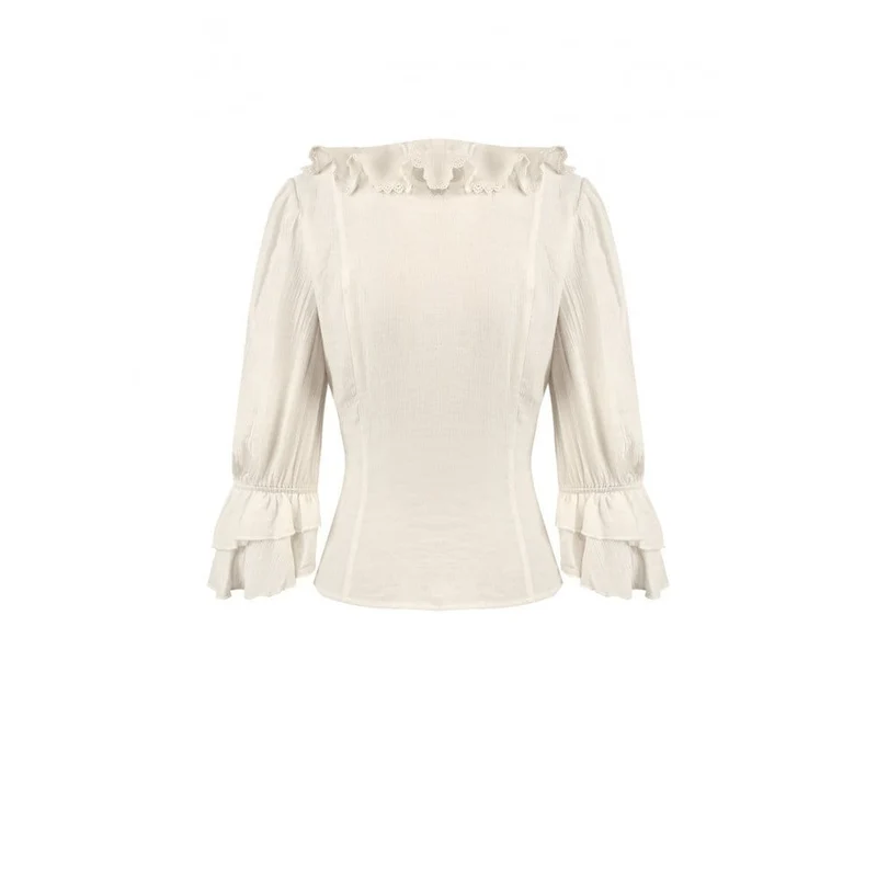 Steampunk-Bluse für Damen mit Schnürung, Rüschen, V-Ausschnitt und 3/4-Ärmeln