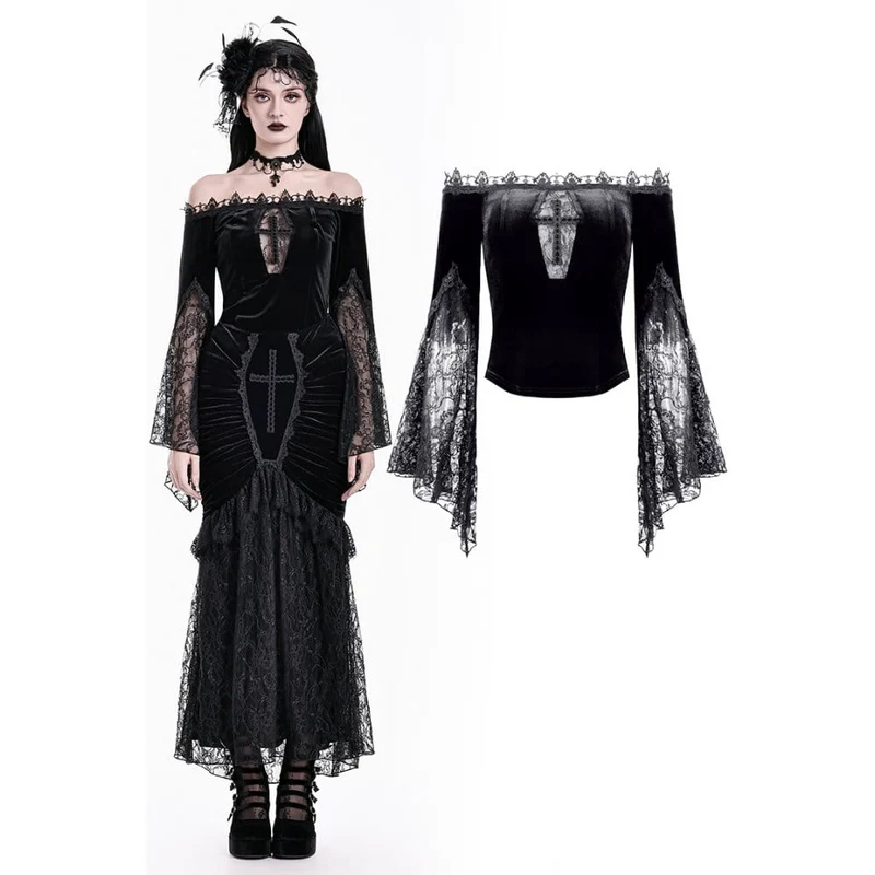 Gothic-Samttop für Damen mit floralem Spitzen-Patchwork, schulterfreiem Design und Glockenärmeln
