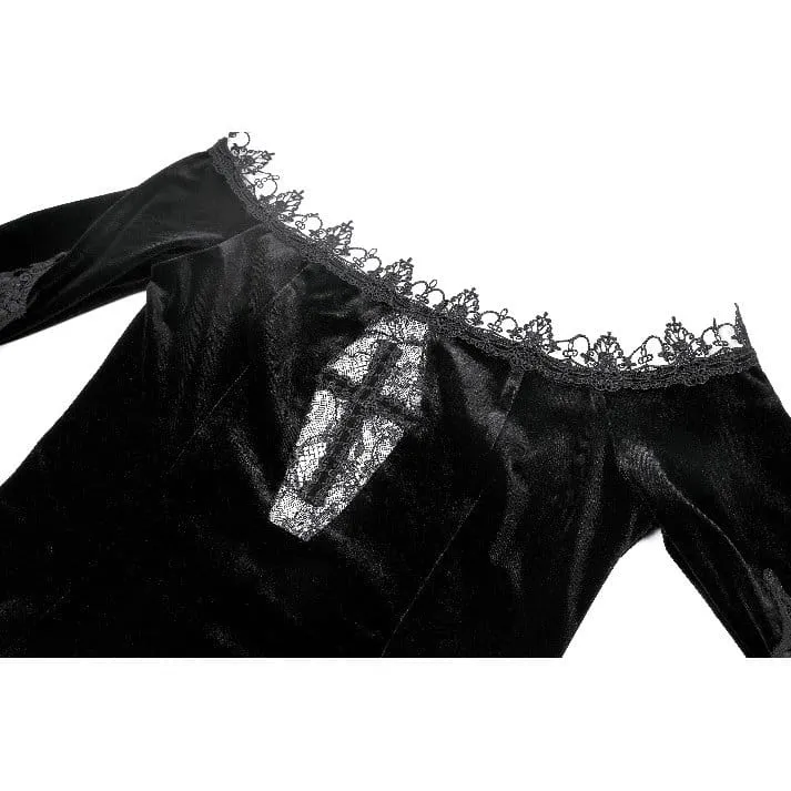 Gothic-Samttop für Damen mit floralem Spitzen-Patchwork, schulterfreiem Design und Glockenärmeln