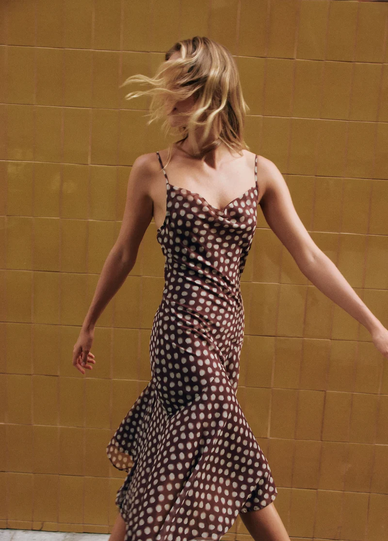 Long spaghetti-strap dress with a polka-dot print