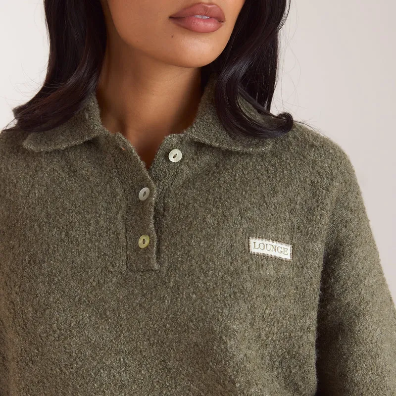 Bouclé-Strickpullover mit Polokragen - Khaki