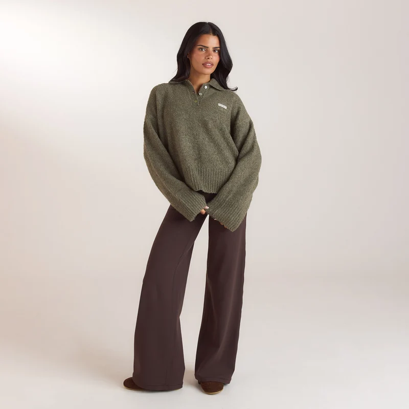 Bouclé-Strickpullover mit Polokragen - Khaki