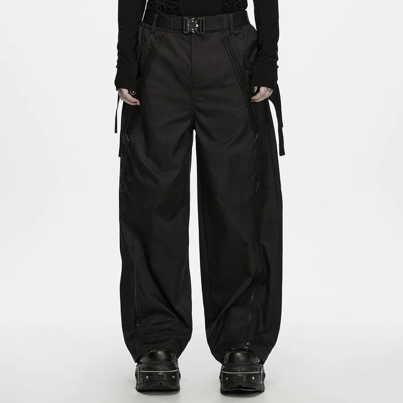 Herren Techwear Hose mit Schnallenriemen, Reißverschluss und weitem Bein