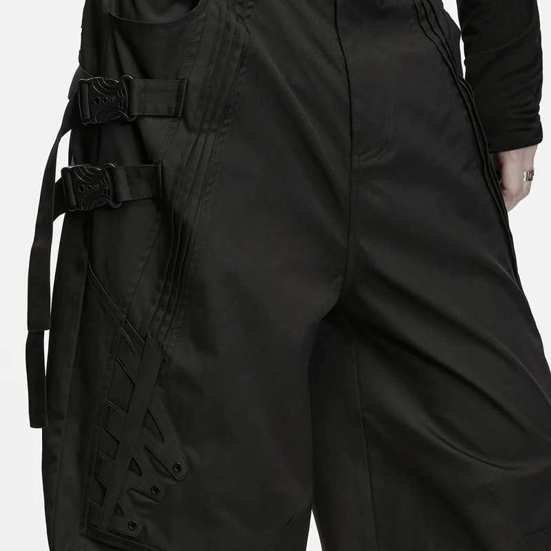 Herren Techwear Hose mit Schnallenriemen, Reißverschluss und weitem Bein