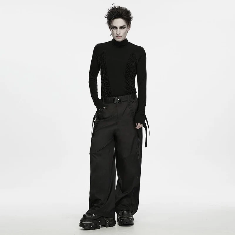 Herren Techwear Hose mit Schnallenriemen, Reißverschluss und weitem Bein