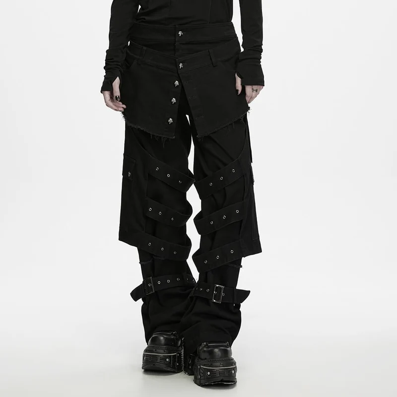 Punk-Herrenhose mit Totenkopfknopf, offener Saumkante und abnehmbarem Beinstulpen