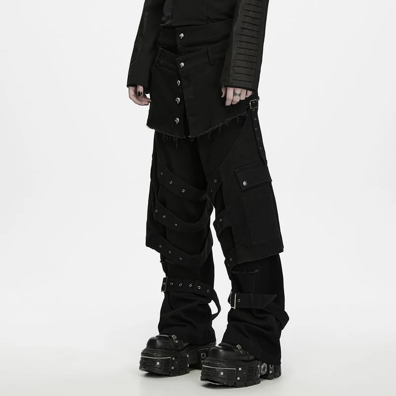 Punk-Herrenhose mit Totenkopfknopf, offener Saumkante und abnehmbarem Beinstulpen