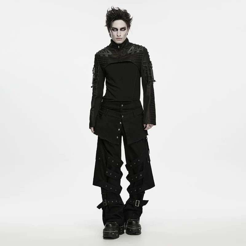Punk-Herrenhose mit Totenkopfknopf, offener Saumkante und abnehmbarem Beinstulpen