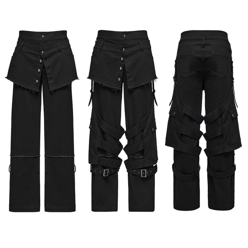 Punk-Herrenhose mit Totenkopfknopf, offener Saumkante und abnehmbarem Beinstulpen