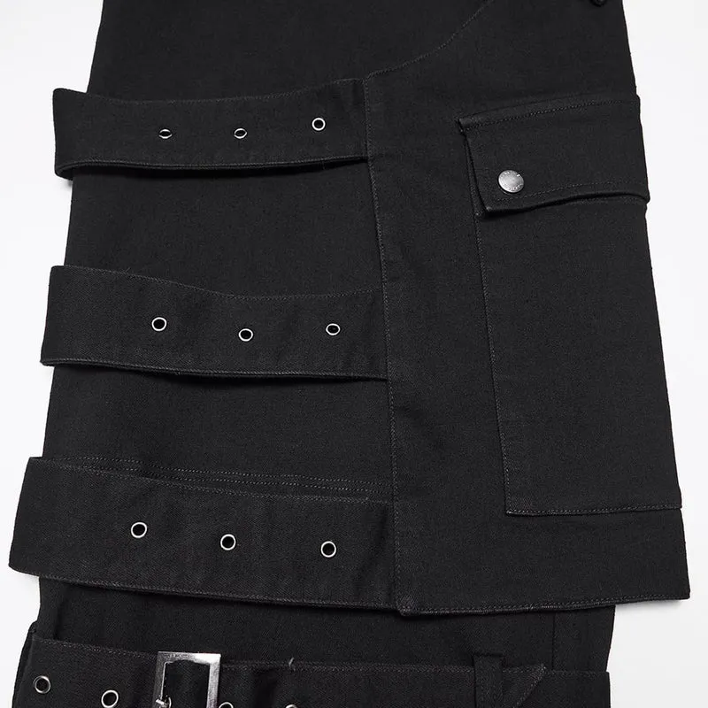 Punk-Herrenhose mit Totenkopfknopf, offener Saumkante und abnehmbarem Beinstulpen