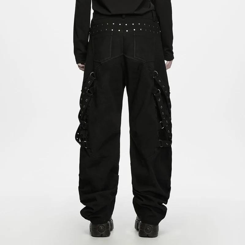 Punk-Herrenhose mit Ösenriemen, Nieten und Raffungen, locker geschnitten