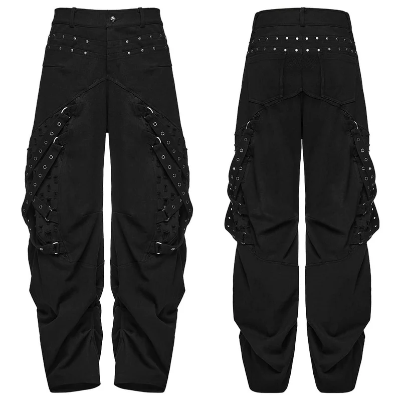 Punk-Herrenhose mit Ösenriemen, Nieten und Raffungen, locker geschnitten