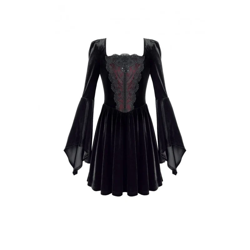 Gothic-besticktes, kurzes Samtkleid mit eckigem Ausschnitt, Glockenärmeln und Stickereien für Damen – Abschlusskleid