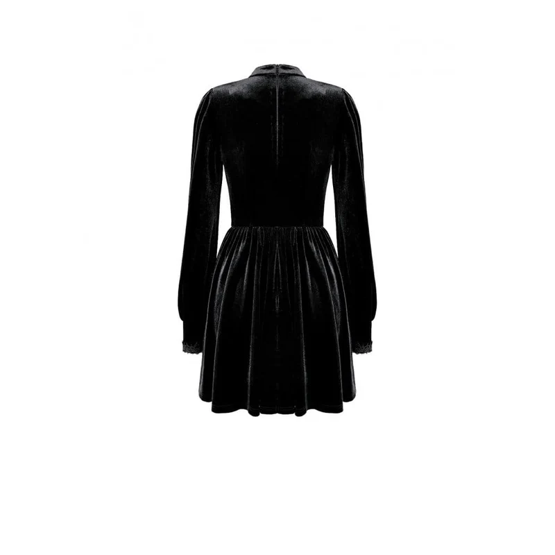 Gothic-Kurzkleid aus Samt mit Spitzenapplikationen, Stehkragen, Bischofsärmeln und Abschlusskleid für Damen