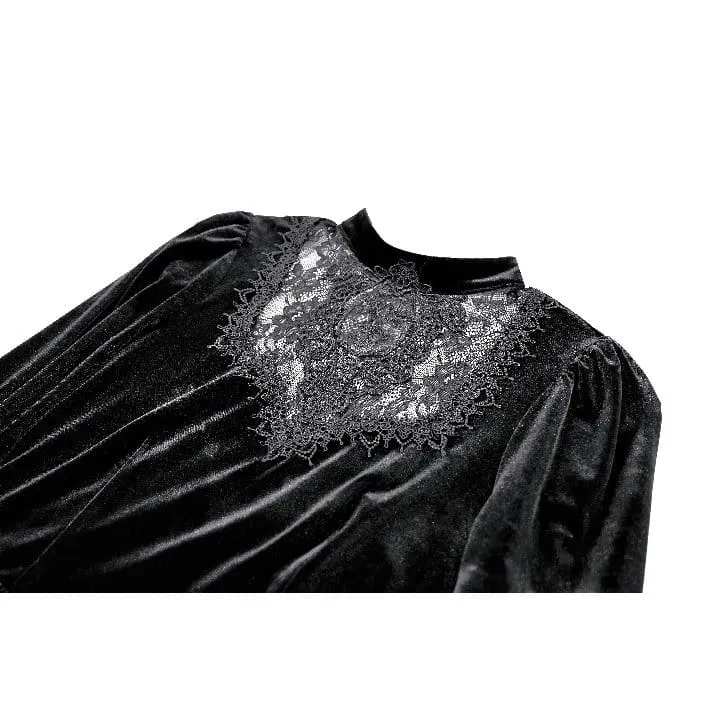 Gothic-Kurzkleid aus Samt mit Spitzenapplikationen, Stehkragen, Bischofsärmeln und Abschlusskleid für Damen