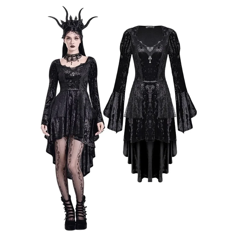 Gothic-Kleid für Damen mit Schnürung, asymmetrischem Saum, Puffärmeln und ausgestellten Ärmeln – ideal für Abschlussfeiern