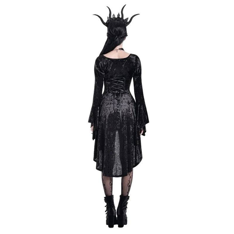 Gothic-Kleid für Damen mit Schnürung, asymmetrischem Saum, Puffärmeln und ausgestellten Ärmeln – ideal für Abschlussfeiern