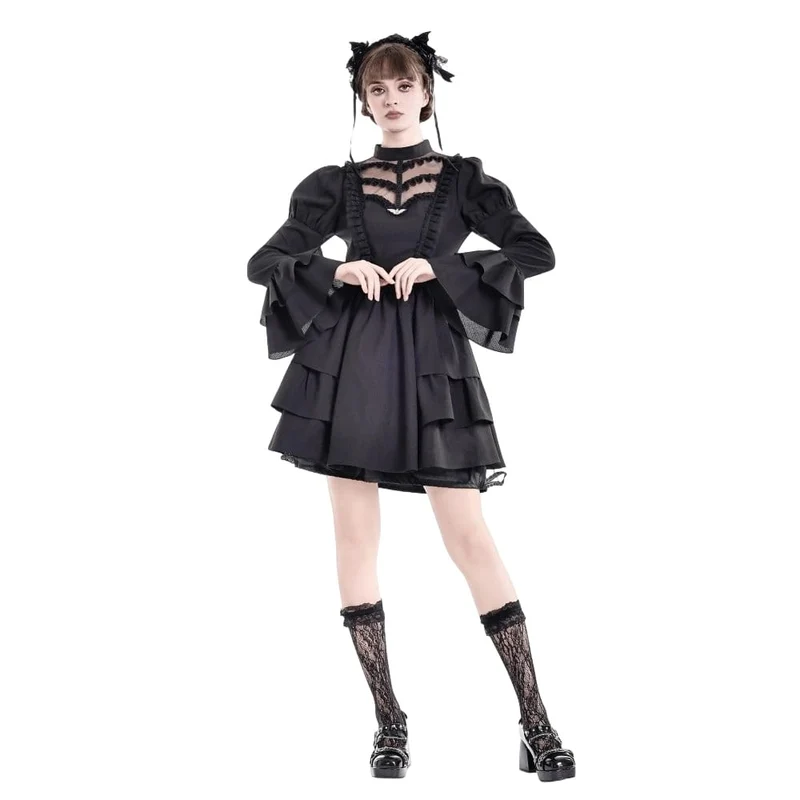 Gothic-Kleid für Damen mit Mesh-Einsätzen, Stehkragen, Stufenrock, Puffärmeln und kurzem Schnitt – ideal für Abschlussfeiern