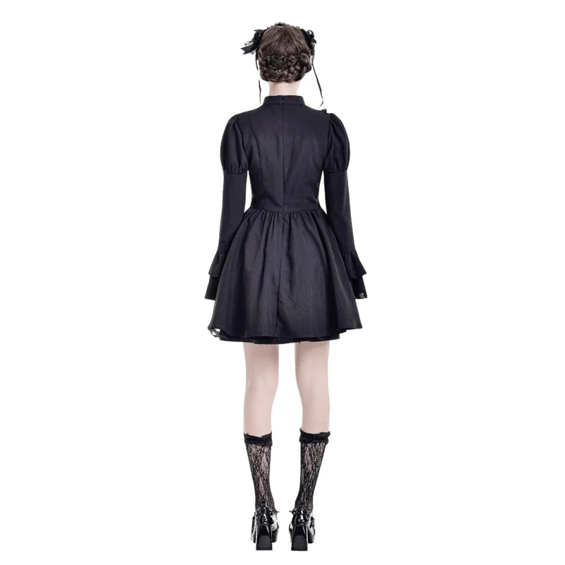 Gothic-Kleid für Damen mit Mesh-Einsätzen, Stehkragen, Stufenrock, Puffärmeln und kurzem Schnitt – ideal für Abschlussfeiern