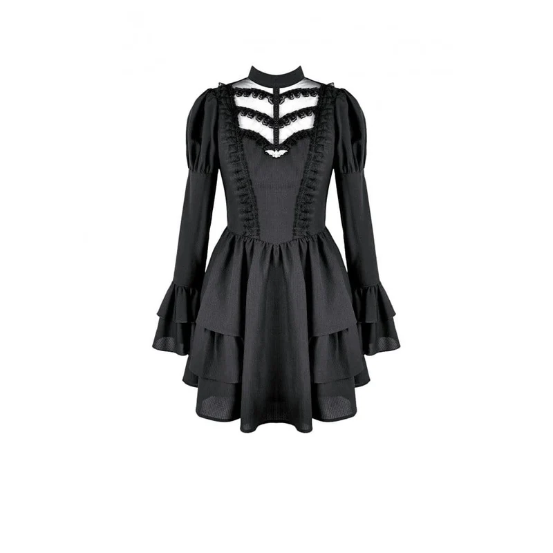 Gothic-Kleid für Damen mit Mesh-Einsätzen, Stehkragen, Stufenrock, Puffärmeln und kurzem Schnitt – ideal für Abschlussfeiern