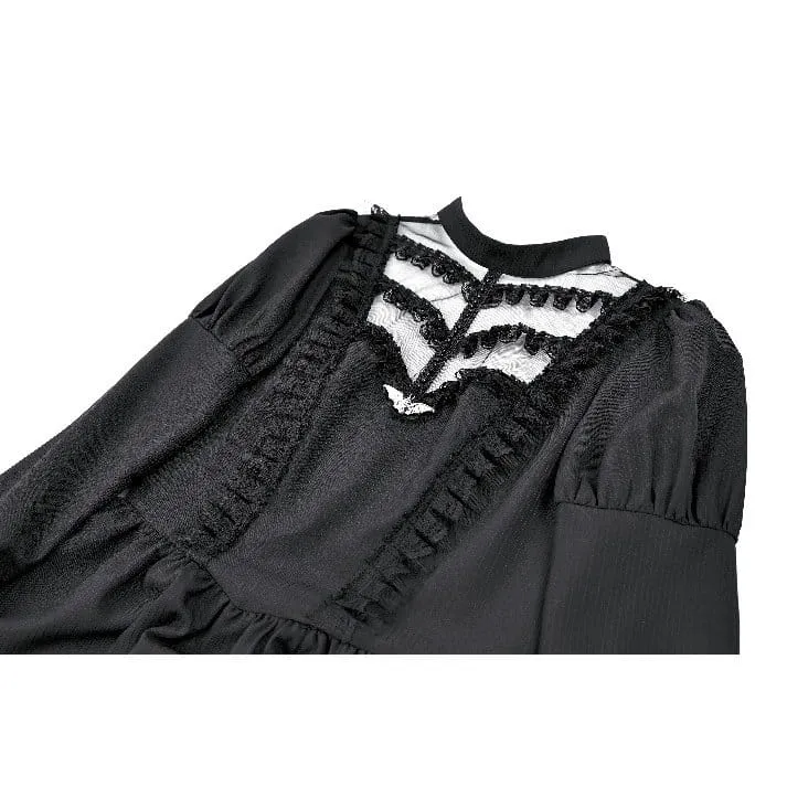 Gothic-Kleid für Damen mit Mesh-Einsätzen, Stehkragen, Stufenrock, Puffärmeln und kurzem Schnitt – ideal für Abschlussfeiern