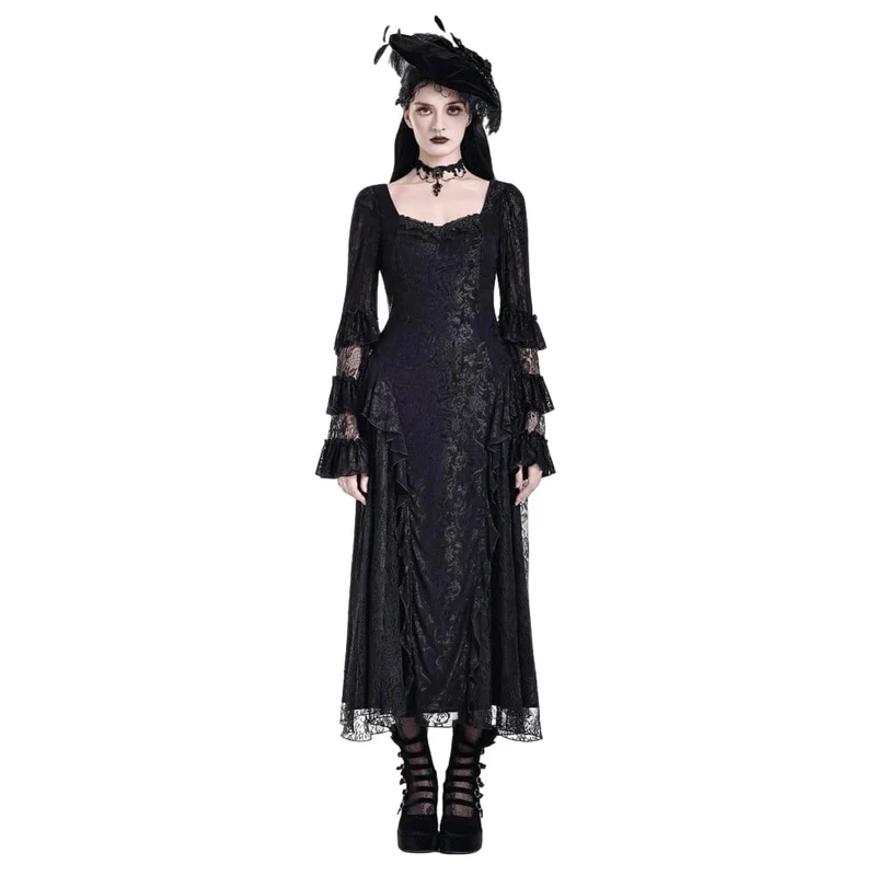 Gothic Maxikleid für Damen mit eckigem Ausschnitt, Jacquard-Stufenmuster, Glockenärmeln und Spitze aus Mesh